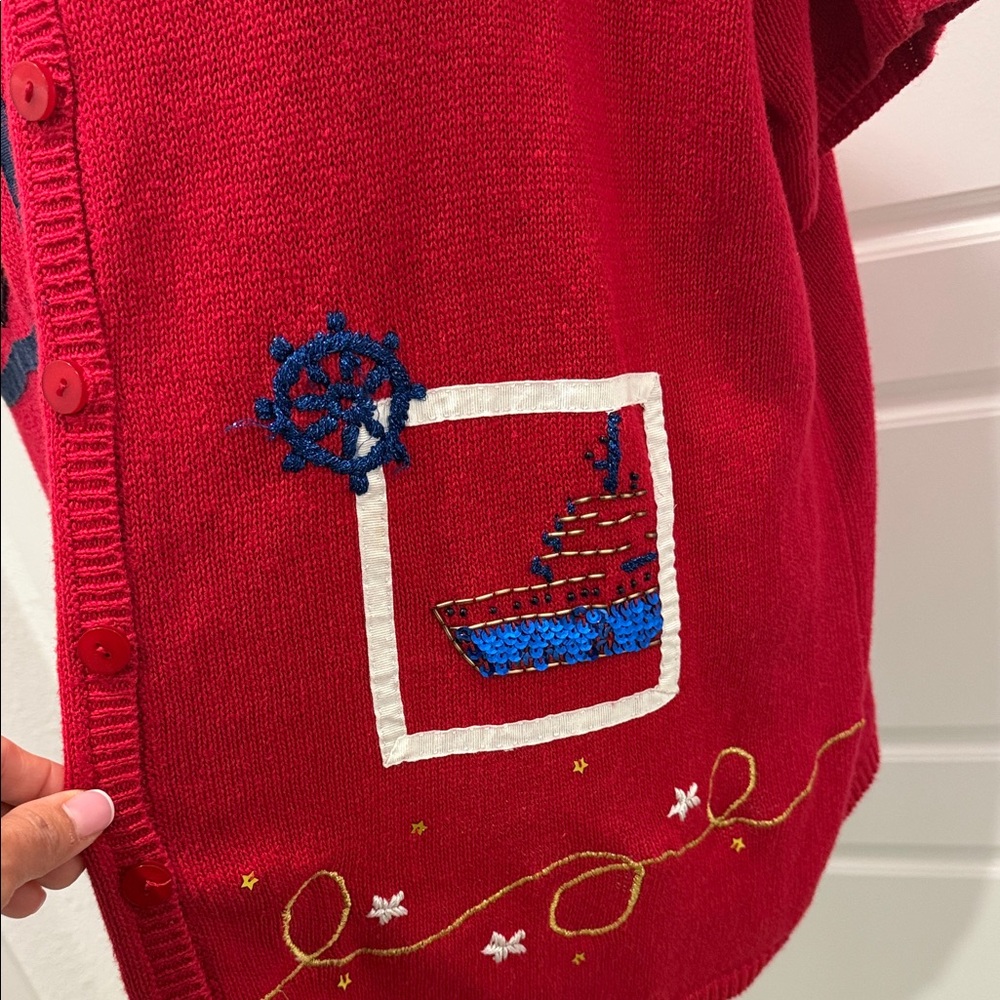 Susan Graver Red Nautical Cardigan - Picture 7 of 12
